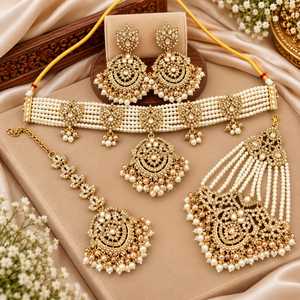 Conjunto de collar choker de calidad premium con collar tradicional Pasa, aretes, Maang Tikka y Pasa, perfecto para bodas, etc. - Product Image 2