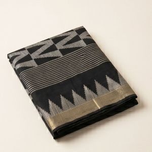<b>Black</b> Linen <b>Shawl</b> Saree with Geometric Patterns - Product Image 4
