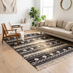 Boho Chic Cotton Area Rug with Blue Diamond Pattern for Contemporary Interiors Moroccan Style Floor Rugs - Product Image 6