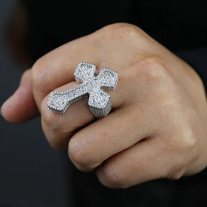 Cross Shape Men's <b>Cocktail</b> <b>Ring</b> <b>Gold</b> Plated Brass Lab Created Cubic Zirconia Micro Pave Religious Jewelry Hip Hop Sale - Product Image 1