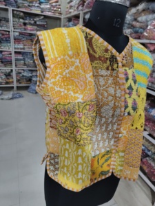 Yellow Patchwork <b>Quilted</b> Vest Women's V-Neck Sleeveless <b>Jacket</b> Hand Embroidered Cotton Summer Woven <b>Patterned</b> Top GIFT FOR HER - Product Image 2
