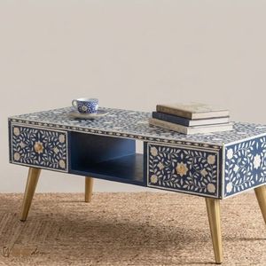 Handmade Bone Inlay Midcentury Modern Coffee <b>Table</b> Blue Floral <b>Storage</b> for Living Room Home Furniture - Product Image 1