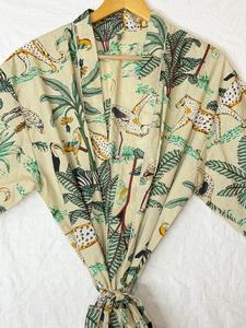 Bata de casa de algodón puro con estampado indio, estilo kimono de verano |   Cubrebikini floral/Cómodo para embarazadas |   Rosa Melocotón Rosa Safari An - Product Image 2