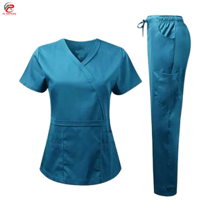 Wholesale Women <b>Scrub</b> Set Washable solid color casual medical V neck short sleeved work <b>clothes</b> womens belted top With Pant - Product Image 1