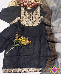 NOUVELLE ARRIVÉE - Ensemble haut, bas et dupatta en coton slub tissé, pour tenue de fête, prix de gros, luxe, séchage rapide, vêtement ethnique, noir - Product Image 4