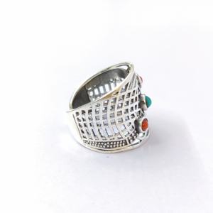 แหวนพลอยโทนสีเงินสไตล์คลาสสิกแหวนปะการังเทอร์ควอยซ์แบบปรับได้สำหรับงานแต่งงานงานปาร์ตี้วันครบรอบ - Product Image 3