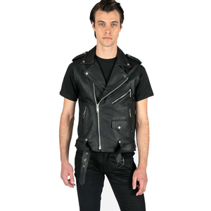 Men's Black Leather-Style Moto Vest With Zipper Closure And Pockets Regular Length Outer Wear Men's summer outerwear Solid color - Product Image 1