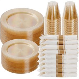 Set di Stoviglie Monouso in Plastica per 50 Ospiti, 350 Pezzi con Glitter Dorato, Include 50 Piatti per Cena e Dessert per Feste - Product Image 1