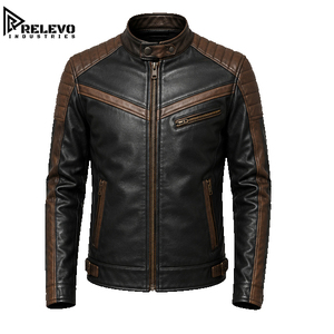 Veste de motard vintage pour homme en cuir bicolore noir et marron, coupe ajustée, style Cafe Racer, avec épaulettes matelassées - Product Image 1