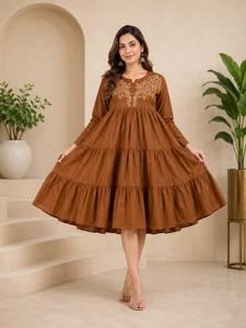 Brown Cotton Embroidered V Neck Loose Fit Midi Abaya Long Sleeve Modest Tiered <b>Ruffle</b> Muslim Women <b>Dress</b> for Prayer Eid Evening - Product Image 4