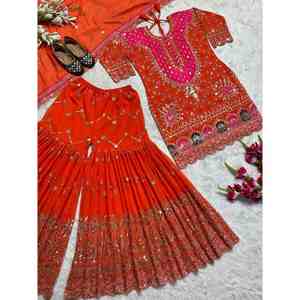 TENDENCIA GEORGETTE BORDADO SECUENCIA TRABAJO TOP SHARARA CON DUPATTA NARANJA - Product Image 1