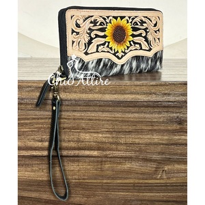 Cartera de cuero de vaca con diseño floral de girasol, hecha a mano, con monedero y tarjetero RFID para mujer, novedad al por mayor 2026 - Product Image 1