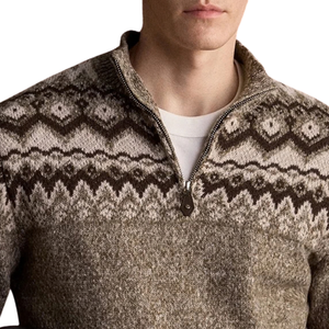 Suéter de punto marrón para hombre, de invierno, con cremallera de un cuarto, cuello alto, patrón Fair Isle, manga larga, puños acanalados, anti-bolitas - Product Image 5