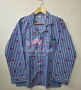 Conjunto de Pijama de Algodón a Rayas Azules y Blancas con Detalles de Corazones Rojos, Transpirable, de Secado Rápido, Elegante, Estampado a Mano, para Primavera/Verano - Product Image 2