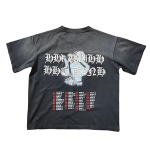 T-shirt noir à manches courtes pour homme, coupe oversize, col rond, style vintage, en coton, effet délavé, sérigraphié, streetwear, séchage rapide - Product Image 2