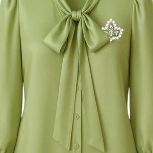 Blusa con Lazo AKA para Mujer, Verde, Manga Larga, Cuello con Lazo, Elegante, para Oficina, Ropa de Hermandad Griega, Camisa de Chifón con Estilo - Product Image 3