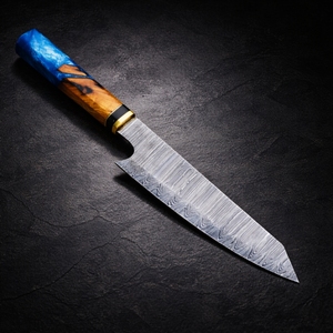 Cuchillo de Cocina Japonés Hecho a Mano con Hoja de Acero de Damasco y Funda de Cuero Premium, Mango de Madera y Resina para Chefs - Product Image 6