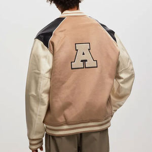 Men's Beige Varsity <b>Jacket</b> With White Sleeves Turn-down Collar Preppy Style Autumn Wear Embroidered Letter A Front Closure - Product Image 2