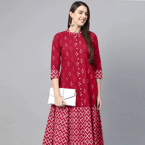 Kurta/Kurti Corta de Verano para Mujer, Estampado Geométrico Ikat de Algodón, Cuello con Solapa Roja, Manga Tres Cuartos, Secado Rápido, Protección Solar - Product Image 1