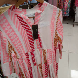 Túnica de Algodón Elástica con Rayas Geométricas Rosas y Blancas, Lazos con Cuentas, Estilo Boho Étnico, Top con Botones para Mujer, Estilo Tribal Informal - Product Image 1