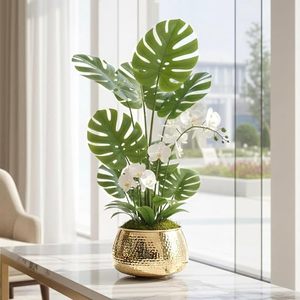 Moderno Florero de Metal Dorado con Planta Artificial de Monstera y Orquídea para Decoración de Interiores de Escritorio - Product Image 6