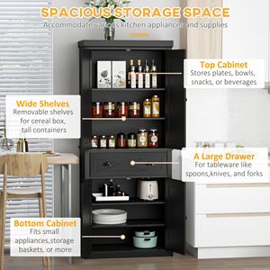 72-Inch Black Kitchen Pantry Storage Cabinet with <b>6</b> Tiers 1 <b>Drawer</b> 4 Adjustable Shelves - Product Image 4