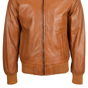 Blouson aviateur en cuir marron pour homme, col montant, fermeture éclair, coupe décontractée, couleur unie, doublure en coton, idéal pour l'automne - Product Image 2