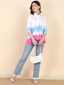 เสื้อเชิ้ตผู้หญิง Maaesa ผ้าเรยอน ทำมือ ลายมัดย้อม ติดกระดุม คอปก แขน 3/4 สำหรับฤดูใบไม้ผลิ/ฤดูร้อน สวมใส่สบาย ทรงปกติ - Product Image 5