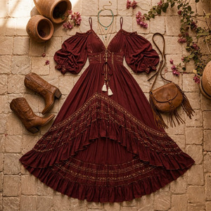 <b>Boho</b> Off Shoulder Maxi <b>Dress</b> Women Viscose Woven Breathable Anti-pilling <b>Summer</b> Beach <b>Dress</b> - Product Image 6
