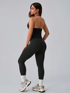 Ensemble de sport 2 pièces pour femme : débardeur de sport long à col en V et leggings micro-côtelés longueur cheville à effet ventre plat – Tenue d'entraînement - Product Image 2