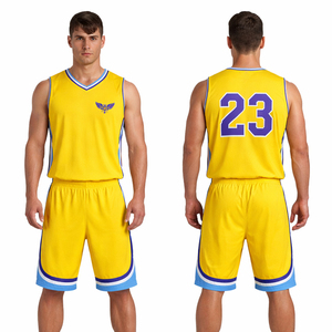 Ensemble de maillot de basket-ball jaune personnalisé pour hommes, uniforme de sport sans manches, respirant, à séchage rapide, kit d'entraînement d'équipe avec short - Product Image 1