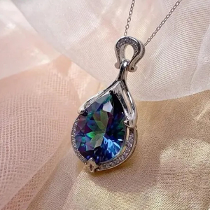 Classic Women's 925 <b>Silver</b> Rhodium Plated Sapphire Pendant Necklace Pear Cut Water Drop <b>Snake</b> <b>Chain</b> Wedding Jewelry - Product Image 2