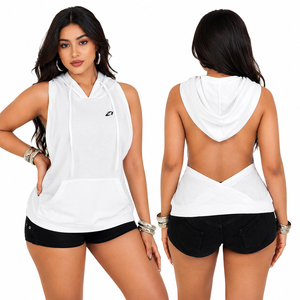 Sudadera sin mangas con capucha para mujer, sin espalda, mezcla de algodón, con cordón, estilo athleisure, bolsillo canguro, para fitness de verano, proveedor ODM - Product Image 1