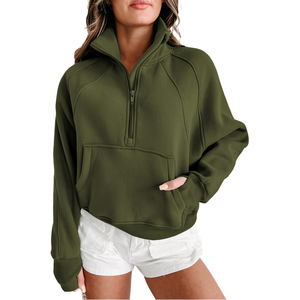 Sudadera de punto con capucha y media cremallera para mujer, color verde oliva, manga larga, informal, para otoño, 100% algodón, con etiqueta personalizada - Product Image 1