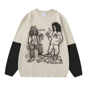T-shirt à manches longues surdimensionné pour homme avec imprimé de personnage, bordure contrastée, style streetwear, col rond, tricoté, 100% coton - Product Image 4