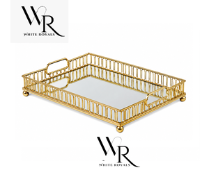 Plateau de service rectangulaire décoratif plaqué or avec surface miroir et pieds inclus pour la maison et la restauration, utilisation en gros - Product Image 1