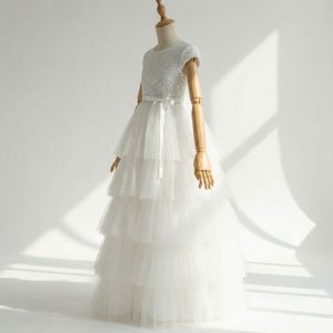 Robe de bal princesse formelle en dentelle blanche à sequins superposés, manches bouffantes, superposition en tulle étoilé, pour mariage de filles, vente en gros, qualité supérieure, OEM - Product Image 1
