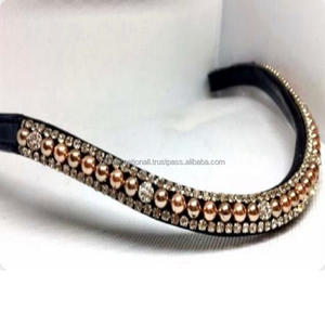 Nuevo diseño hecho a mano con forma curva, banda para cejas de caballo de cuero genuino negro y marrón con perla y cristal de oro rosa - Product Image 4