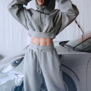Hoodie court beige personnalisé pour femme, coupe ample, épaules tombantes, manches régulières, pull-over d'hiver, écologique, respirant, vente en gros OEM - Product Image 4
