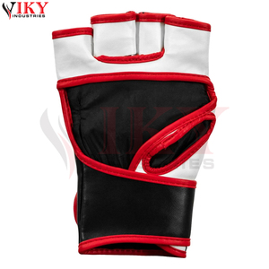Gants de MMA durables et entièrement personnalisables à paume ouverte pour arts martiaux, avec bordure rouge, noir et blanc, prix de gros - Product Image 3