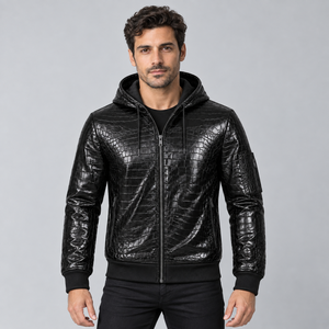 Veste d'hiver pour homme en cuir noir gaufré façon croco et toile, style détachable, fermeture éclair intégrale, poignets côtelés, taille ajustable, poches utilitaires sur les bras - Product Image 3