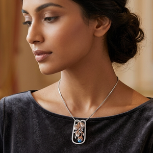 Luxury <b>Silver</b> & Rose Gold Two-Tone Pendant Necklace for Women, Nature Inspired Floral Design with Turquoise & Grey Pearls - Product Image 1