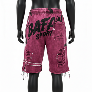 กางเกงขาสั้นผู้ชายผ้าฝ้ายฟลีซพรีเมียม 340 GSM สีแดงไวน์ ลวดลายพิมพ์โลโก้แบบดิสเทรส - Product Image 2