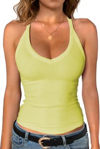 Camiseta sin mangas de punto acanalado con cuello en V para mujer, color liso, informal, de elastano y poliéster transpirable, venta al por mayor - Product Image 5