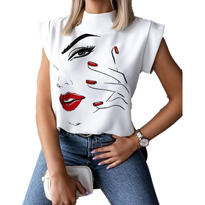 Top corto con estampado de dibujos animados para mujer, jersey de cuello alto con manga corta, sin mangas, blanco, informal, para primavera y verano - Product Image 4