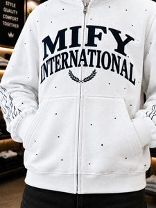 Sudadera con capucha blanca premium con cremallera y diseño de logotipo personalizado para ropa urbana, sudadera con capucha de manga larga con cremallera, sudadera con capucha con cremallera al por mayor - Product Image 4