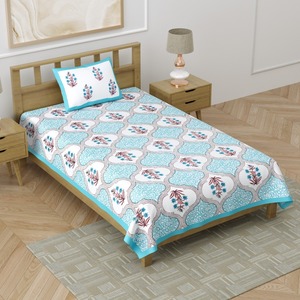 Heritage <b>Single</b> Cotton Bedsheet Aqua <b>Floral</b> Mughal Print with Pillow Cover for Home Hotel <b>Bedding</b> - Product Image 2