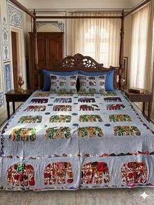 Sábana de Algodón Bordada con Elefantes, Cubrecama Vintage Indio para Cama Queen, Textil para el Hogar Estilo Boho, Suave, Reversible, Hecho a Mano, Ecológico - Product Image 1
