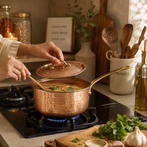 Cacerola de Cobre Martillado Hecha a Mano con Tapa y Asa de Latón, Olla de Cobre Premium para Cocinar, Utensilios de Cocina de Cobre, Sartén para Salsas, OEM ODM - Product Image 3