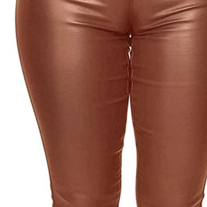 กางเกงหนังแท้สีดำคุณภาพสูงสำหรับผู้หญิง เอวกลาง ยางยืด แต่งจีบ - Product Image 1